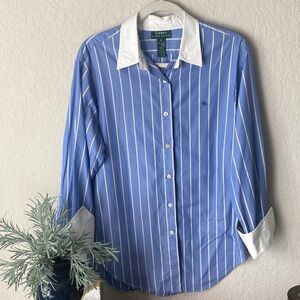 Lauren Ralph Lauren Blue and White Striped Button-Down Shirt Oversized Boyfriend